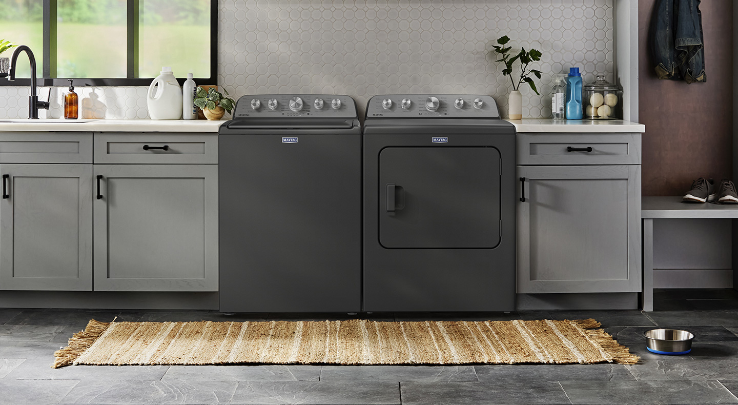 Maytag® Pet Pro System washer and dryer in large laundry room