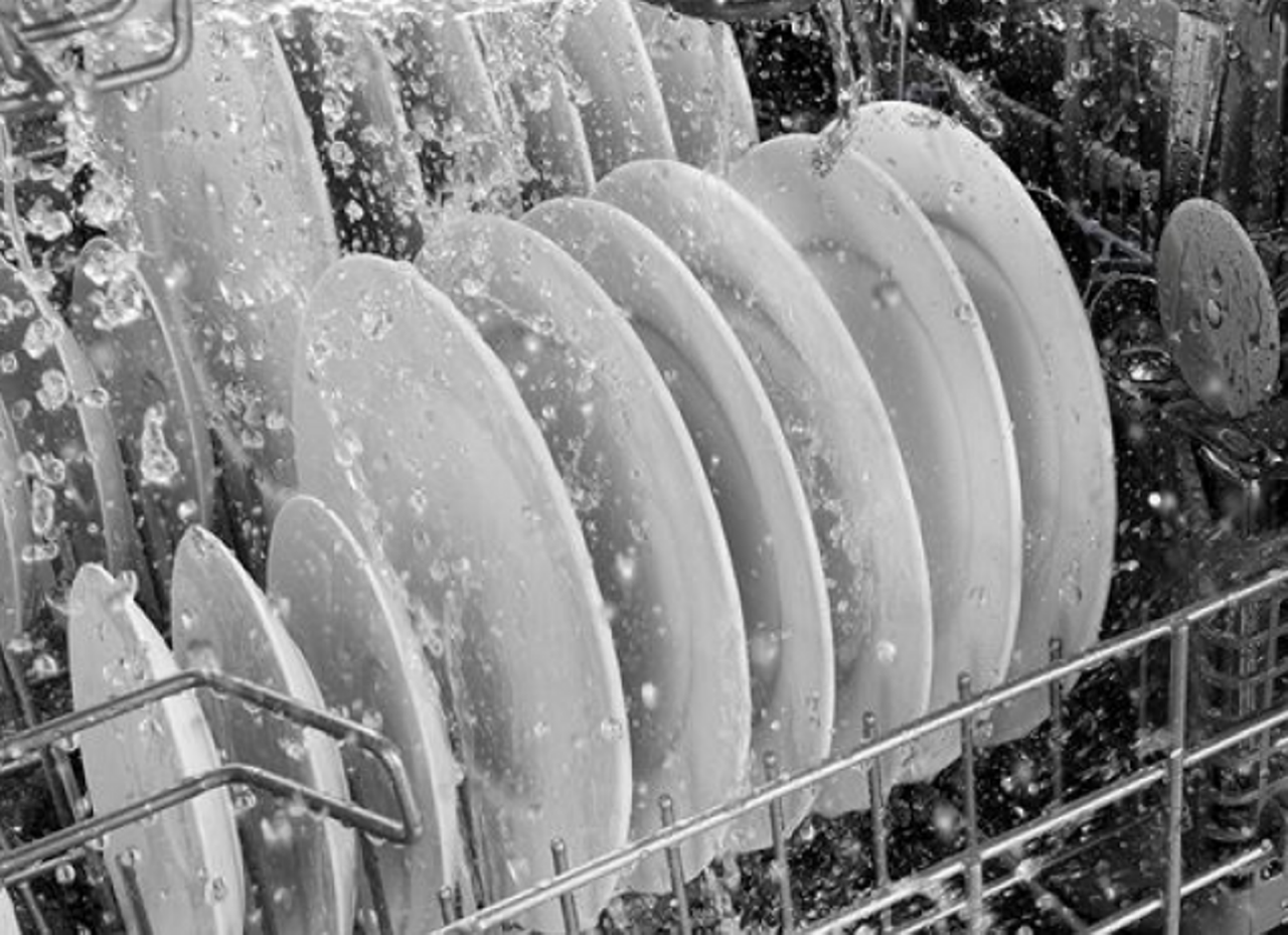Dishes being cleaned in dishwasher