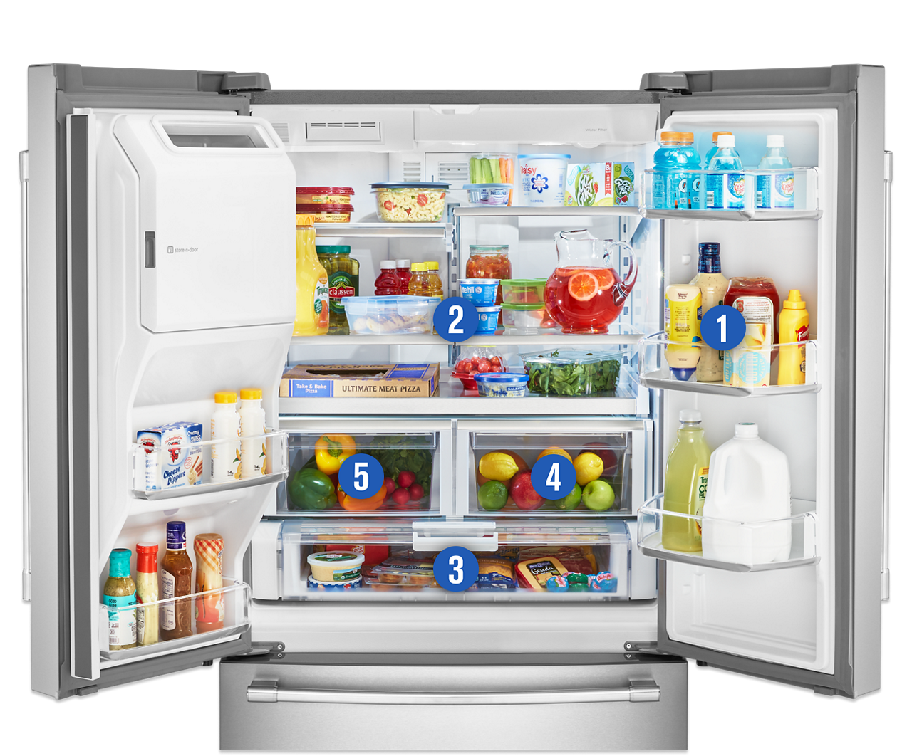 Open, organized refrigerator