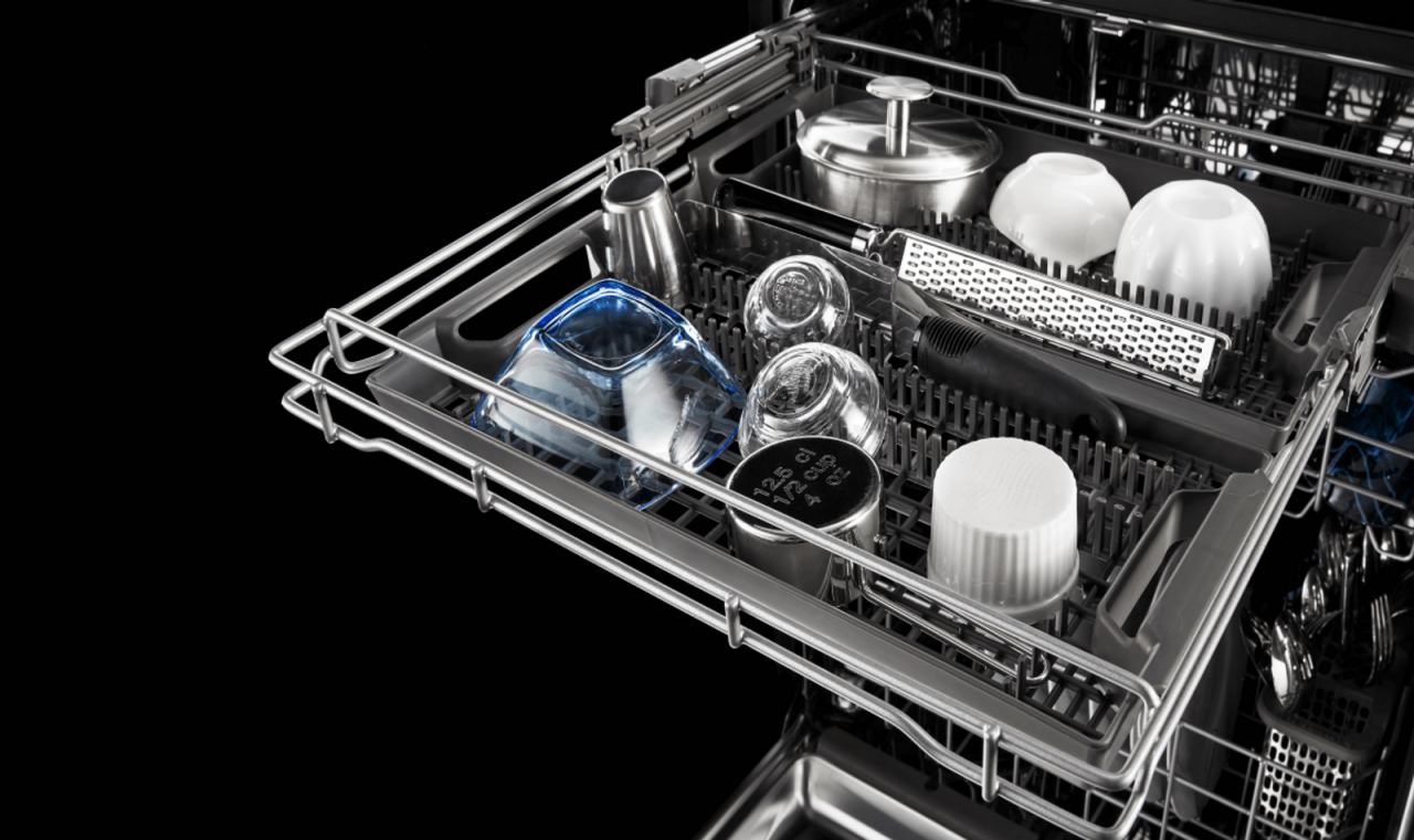 Top rack pulled out in a dishwasher