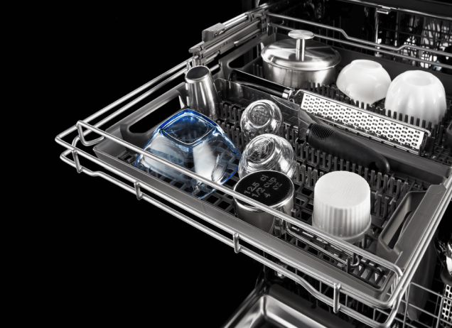Dishwasher with clean dishes in the 3rd Level Rack. 