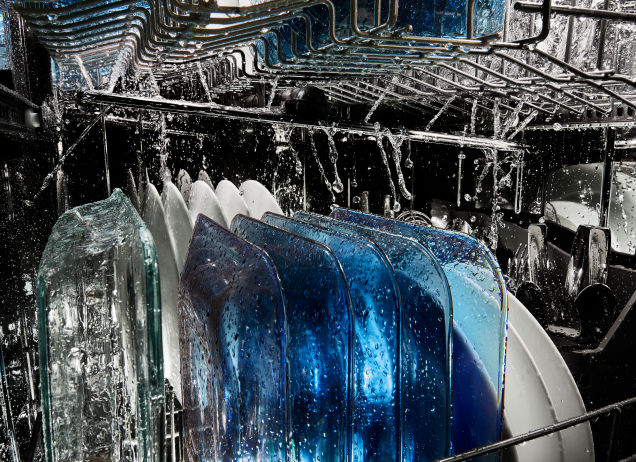 Wash action inside a dishwasher. 