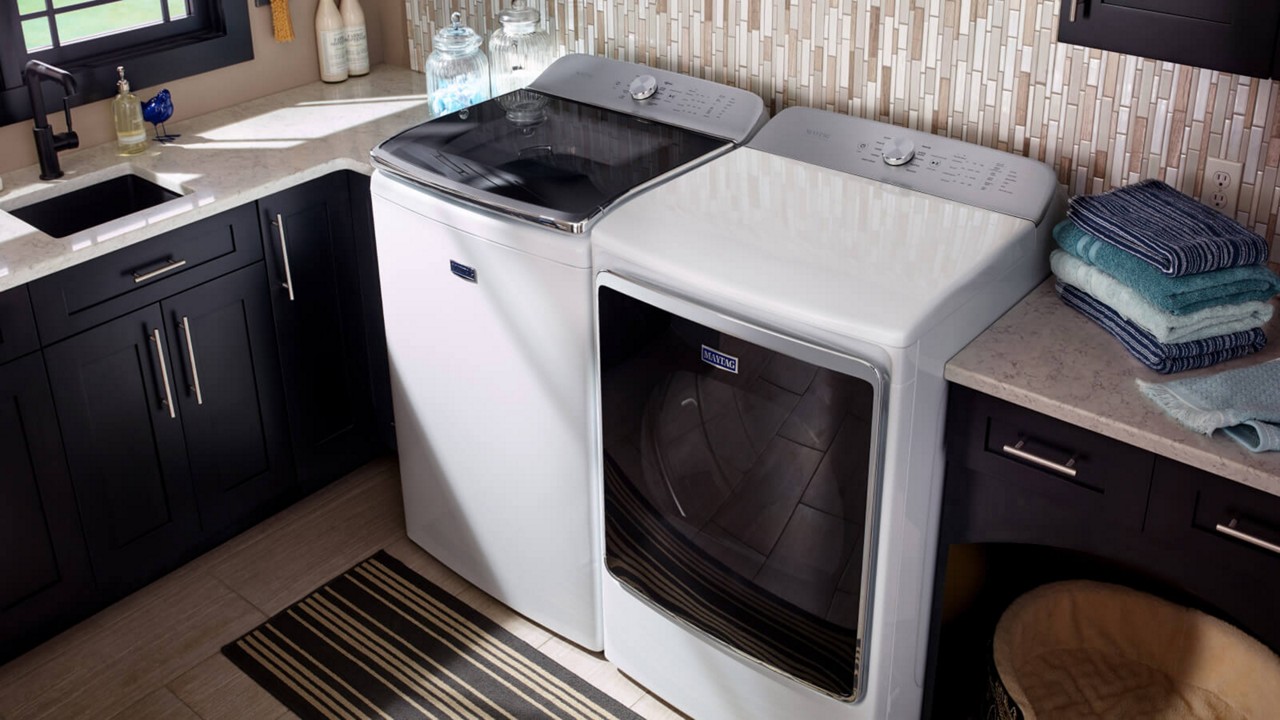 Maytag® top-load washer and dryer pair. Maytag® top-load washer and dryer pair.