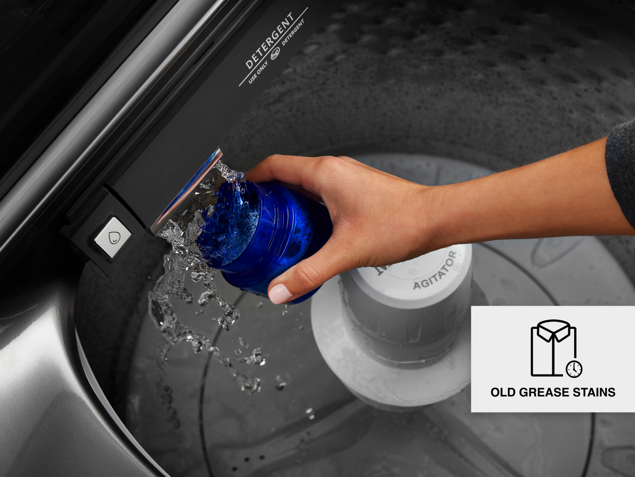 Rinsing detergent cap in the built-in water faucet. Rinsing detergent cap in the built-in water faucet.