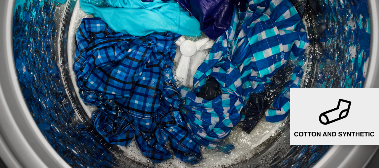 Cotton and synthetic fabrics in a washing machine. Cotton and synthetic fabrics in a washing machine.