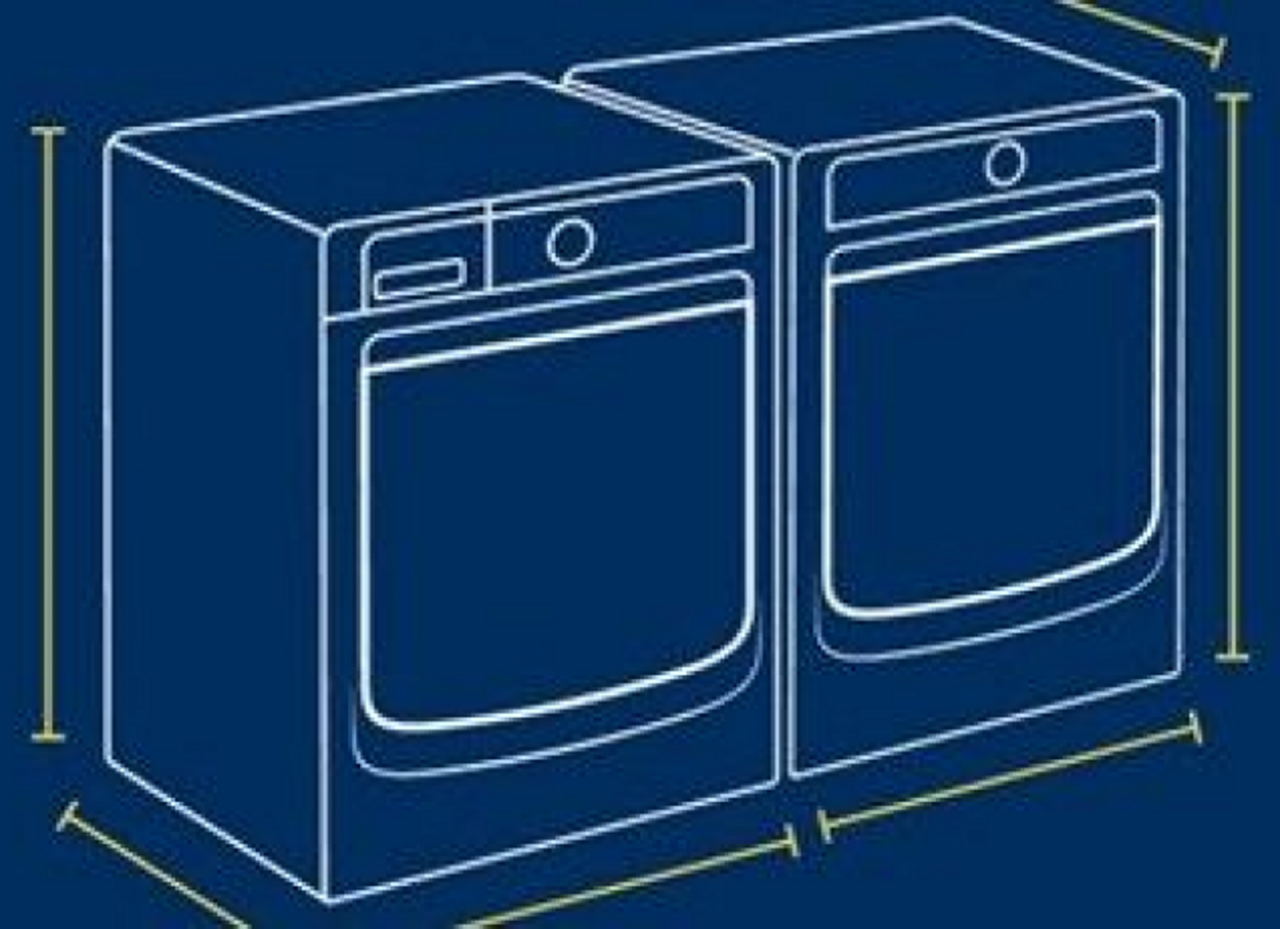 A blueprint style drawing of a washer and dryer set.