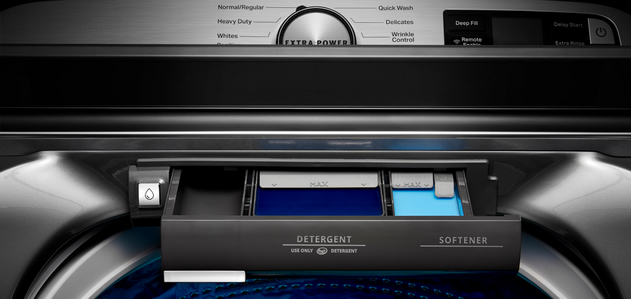 Detergent and fabric softener dispensers in a washer. Detergent and fabric softener dispensers in a washer.