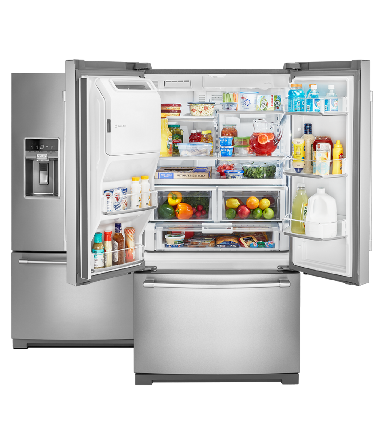 Maytag french door refrigerator with doors open and food inside. Maytag french door refrigerator with doors open and food inside.