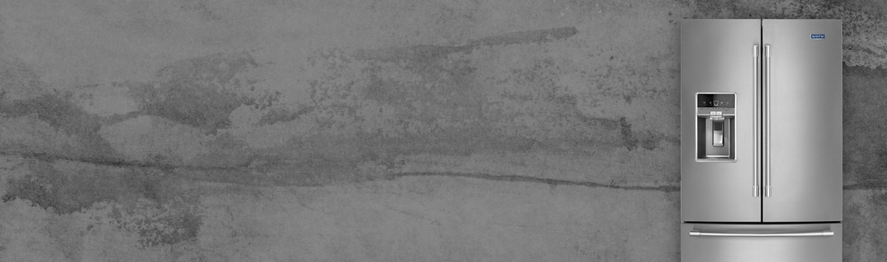 Maytag French Door Refrigerator on a grey background.