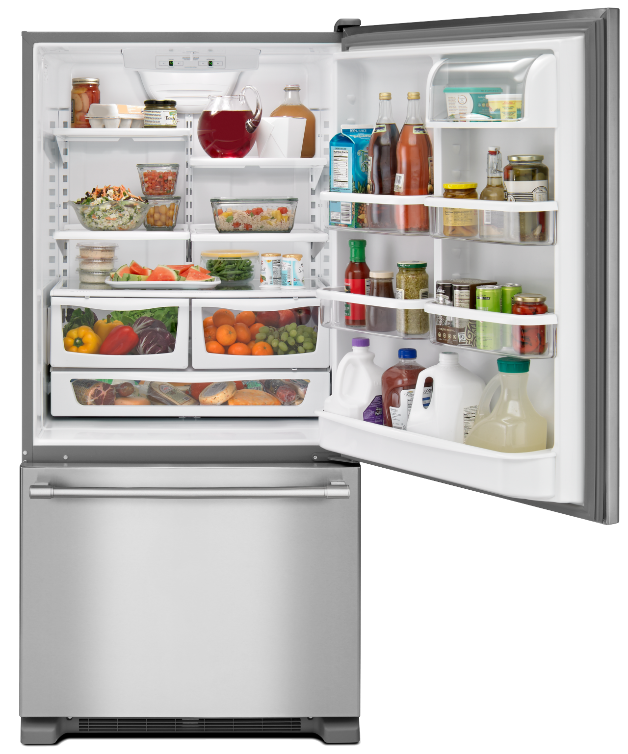 Bottom-freezer refrigerator stocked with food