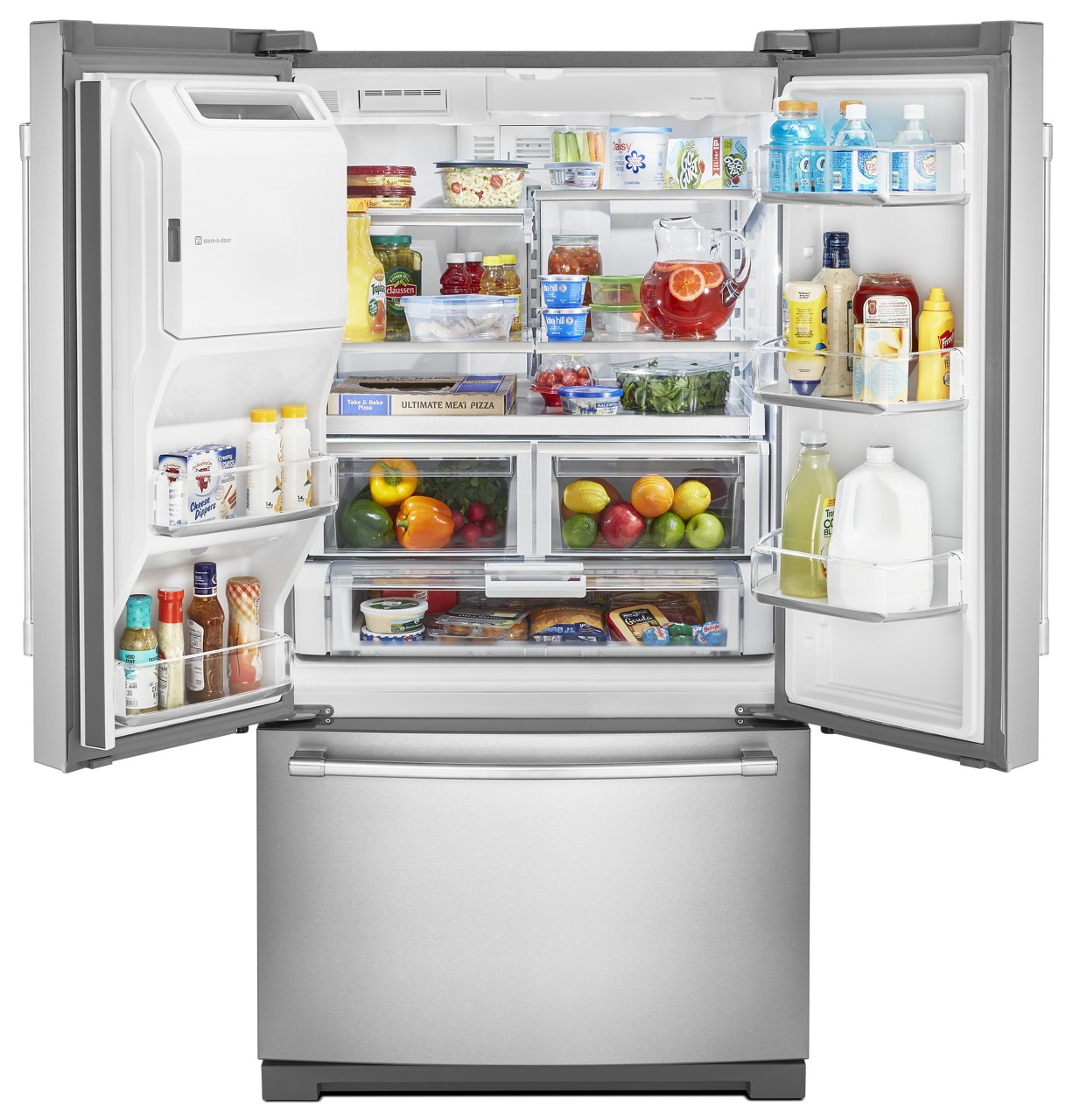 French-door refrigerator with doors open and stocked with food.