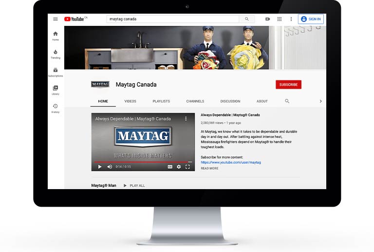 Monitor showing the Maytag Canada YouTube Channel Monitor showing the Maytag Canada YouTube Channel