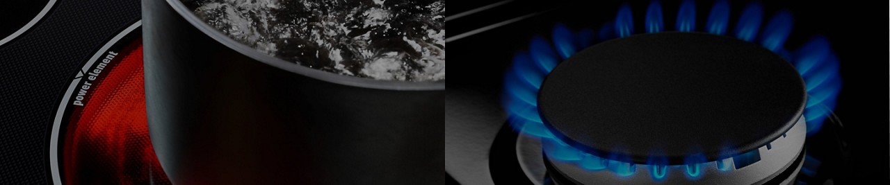 Une comparaison côte à côte d’une surface de cuisson électrique et au gaz.