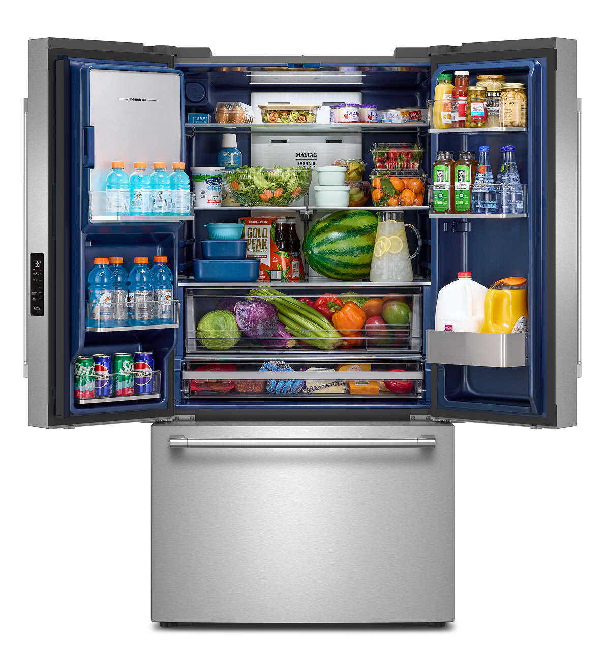 French-door refrigerator with doors open and stocked with food.