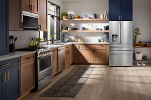 Réfrigérateur à portes françaises en acier inoxydable Maytag® dans une cuisine aux armoires brunes et bleu marine