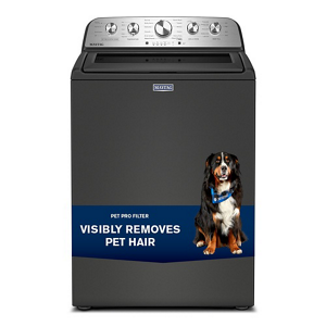 A black Maytag top load washer with a pic of a dog that reads, “PET PRO FILTER, VISIBLY REMOVES PET HAIR”