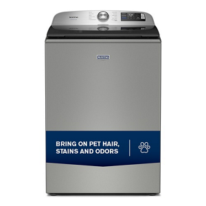 A Maytag top load washer with an icon of a dog’s paw that reads, “BRING ON PET HAIR, STAINS AND ODORS”