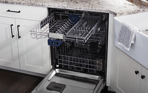 Open, empty dishwasher with the third level rack pulled out
